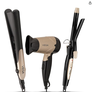 Vega Miss Versatile Styling Set Straightener, Curler & Dryer Gift Combo for Women, 1000W Hair Dryer with 2 Head/Speed Setting, Hair Straightener & Curler comes with Ceramic Coated, (VHSS-03), Black